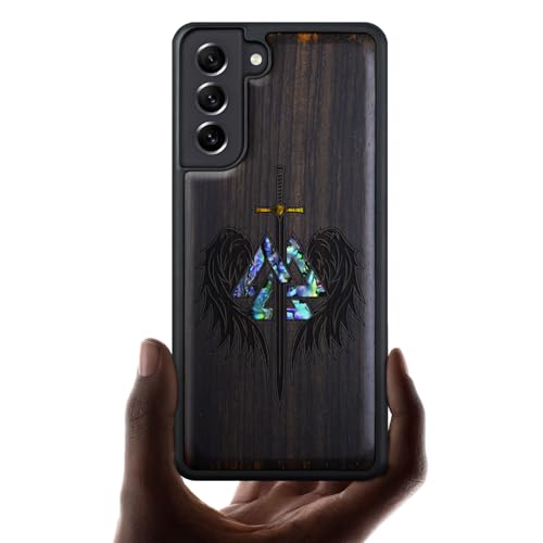 Coque Galaxy S22 Plus en bois sombre gravé avec incrustation coquille d'art unique