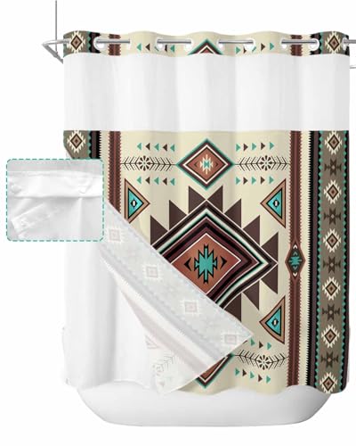 Teamery ZXH-2024-6-12-BOTY-SHZF07007YLCGTMY No Hook Waterproof Shower Curtain, Brown Curtain Liner Set, Western Southwest Native American Indian See-Through Top & Double Layers Fabric Shower Curtains thumb #1