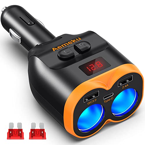 Aemeku PD20W USB-C QC3.0 Fast Charger Car Adapter 120W 2-Socket Cigarette Lighter Adapter 12/24V with Dual USB-A Separate Switch LED Voltmeter Replaceable Fuse for GPS/Dash Cam/Phone/iPad