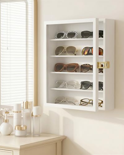 Image of TJ.MOREE 5-Tier Sunglasses Organizer Storage Wall Mounted: 13 x 15 inches Eyewear Display Case Rustic Wood Eyeglasses Holder Large Glasses Storage Box, White