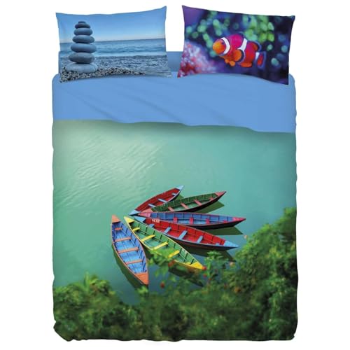 Bassetti Juego de sábanas efecto colcha cama individual, colección Imagine, algodón 100% impresión digital de alta definición, fabricado en Italia (5 Boats)