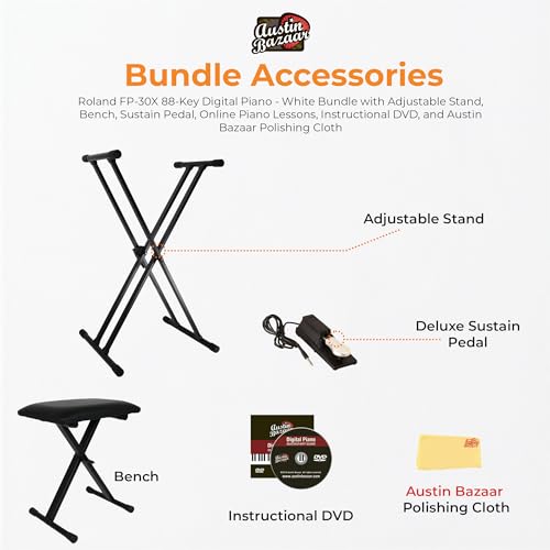 Image of Roland FP-30X 88-Key Digital Piano - White Bundle with Adjustable Stand, Bench, Sustain Pedal, Online Piano Lessons, Instructional DVD, and Austin Bazaar Polishing Cloth