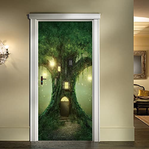 Pegatinas De Pared 3D Arte Etiqueta De La Puerta Casa Del Árbol De Plantas Verdes Vinilo Murales...