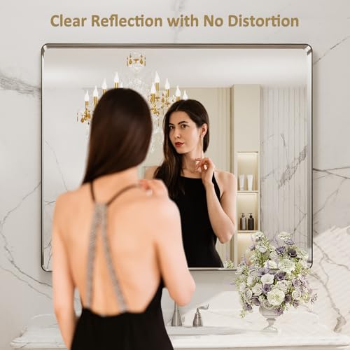 LOAAO 48x40 Inch Brushed Nickel Bathroom Mirror, Rounded Rectangle Silver Metal Frame Mirror, Brushed Nickel, Anti-Rust, Shatter Proof, Hangs Horizontally or Vertically