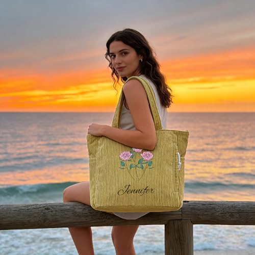 Personalized Birth Flower Corduroy Tote Bag miniatura 3