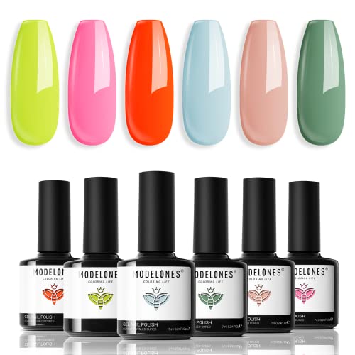 Image of modelones Gel Nail Polish Set - 6 Colors Neon Bright Gel Polish Kit 2024 Summer Pink Neon Yellow Orange Nail Polish Gel Sage Green Blue Gel Nail Kit Soak Off LED Rainbow Festival Gifts for Girls Women