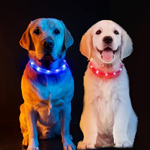 shinfly 2 Stücke Leuchthalsband Hund, Hunde Leuchthalsband USB Aufladbar, 3 Beleuchtungs-Modus, Schneidbares LED Hundehalsband Leuchtend, LED Halsband für Hunde - Rot + Blau Cover