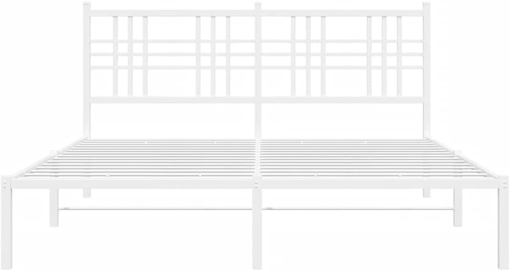 Bed Frame White Powder-Coated Steel King Size 59 x 79 in Platform Foundation with Sturdy Slatted Support Easy Assembly Minimalist Modern Bedroom Furniture Storage