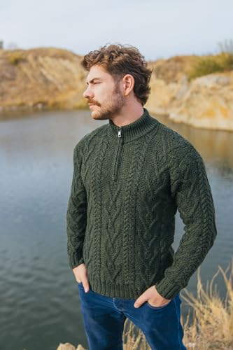 SAOL 100% Merino Wool Mens Zip Neck Sweater Irish Fisherman Cable Knit Winter Outdoor Pullover Aran Jumper4