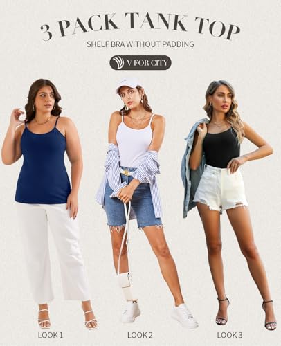 Image of V FOR CITY Unpadded Tank Top for Women with Shelf Bra Cotton Camis 3 Pack