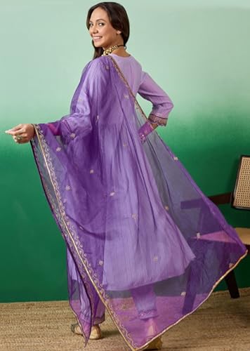 Image of TRENDMALLS Women's Chanderi Silk Embroidery Work Salwar Suit Set Kurta Pant with Dupatta For Women