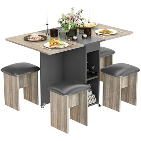 Lamerge Folding Dining Table Set for 4, Dinner Table with 4 Leather Chairs and Shelves, Space Saving Foldable Dining Table with 6 Wheels, Kitchen Table Set for Small Spaces (Grey) Cover