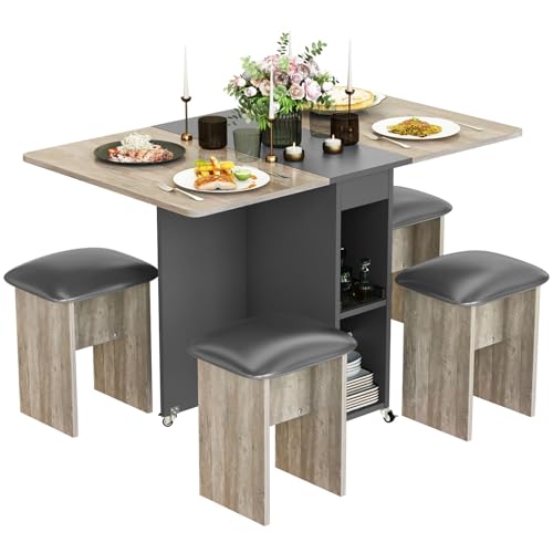 Lamerge Folding Dining Table Set for 4, Dinner Table with 4 Leather Chairs and Shelves, Space Saving...