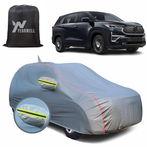 Image of Car Body Cover for Toyota Innova Crysta Hycross, 100% Waterproof, Heat-Resistant with Mirror & Antenna Pockets, Soft Cotton Lining, Triple Stitched, Green Reflector (Metallic Grey)
