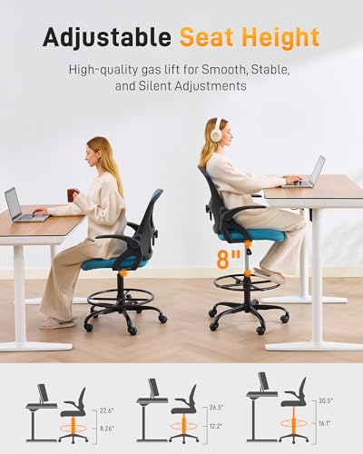Image of LukkDys Drafting Chair with 4D Multi-Adjustable Backrest, Tall Office Chair 19.7 inch-27.6 inch Seat Height, Ergonomic Standing Desk Chair with Flip-up Arms, Foot Ring, Blue&Black