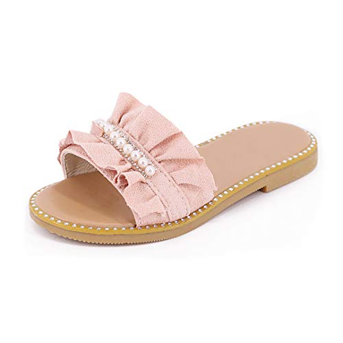 Naimo Little Girls Ruffle Flat Slide Sandals with Pearl Decor Beach Slippers Princess Shoes Pink