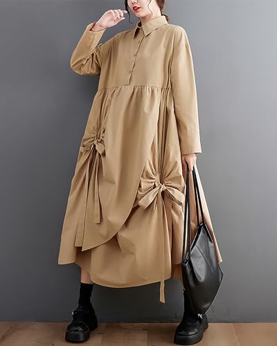 Image of Women's Shirt Dress Lapel Button Down Long Sleeve Flowy Hem Solid Color Patchwork Loose Oversize GZ278