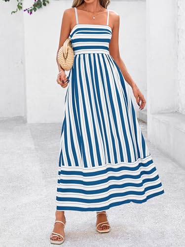 Image of PRETTYGARDEN Women Summer Maxi Dresses 2026 Spaghetti Strap Boho Floral Striped Wedding Guest Beach Vacation Flowy Long Dress