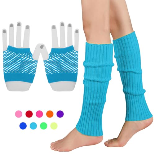 INGJIA Set de Calentadores de Piernas Elásticos de Neón y Guantes de Rejilla Accesorios Disfraces los Años 80(Azul 1)