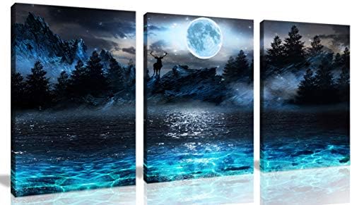 aburaeart Moon Wall-Art - Deer Ocean Landscape Picture Wall Art for Living Room Modern Wall Decor for Bedroom - 3 Piece Canvas Wall Art Size 16x24 Each Panel