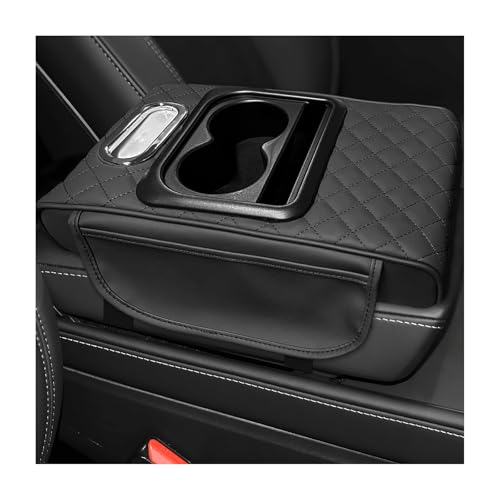 JNXIJ Car Center Console Armrest Pillow 5-in-1 Armrest Cover with 2 Storage Bags Tissue Box Cup & Phone Holder Comfy Arm Rest Cushion Leather Vehicle Middle Console Organizer (Black Embroidered)