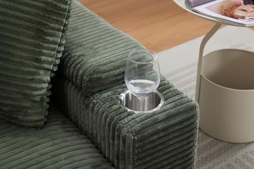 Image of 50 inch Corduroy Upholstered Chaise Lounge Chair Indoor, Modern Lazy Sofa with Storage Armrest, Sleeper Couch with Cup Holders for Living Room, Dark Green