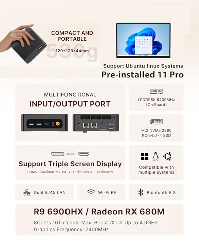 Image of N4 Mini PC 11 Pro, Ryzen 9 6900HX (Up to 4.9GHz), Radeon 680M GPU, Gaming Desktop Computer, 32GB LPDDR5 RAM 512GB SSD, Dual 1000Mbps NIC LAN, 4K Triple Display, WiFi 6E, BT5.3