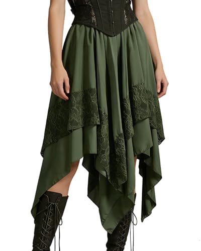 LVOW Womens Asymmetrical Y2K Fairy Skirt Renaissance Flowy Lace Layered Midi Skirts Cottagecore Viking(Army Green S)