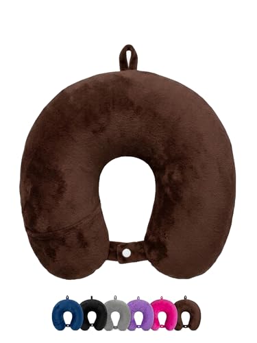 Image of Ultra Soft Travel Neck Pillow with Hanging Loop Snap Button Closure for Home Office and Airplane Flight, Bus, Car, Train Travelling Use [Brown] (Pack of 1)
