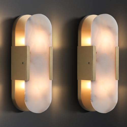 Image of 13.8 inch Alabaster Wall Sconces Set of Two, Natural Marble Wall Lighting, Brass Bedside Wall Lamp, Indoor Vanity Light Fixtures for Hallway,Bathroom Living Room (Including LED)