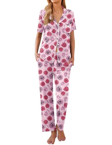 Image of Ekouaer Womens Pajamas Set Short Sleeve Button Down Top & Pants Lounge Pjs | Soft Sleepwear with long pants, ideal for Home relaxation, Wedding, Party, Daily Wear & Breastfeeding