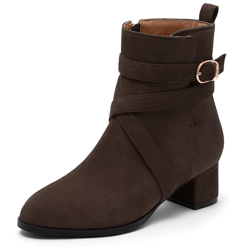 NUMALEO Chocolate Brown Suede Booties for Women Chunky Heel Ankle