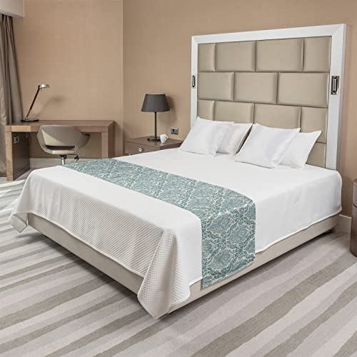Ambesonne Damask Bed Runner, Botanical Theme Of Ivy Like Leaves Intricate Romantic Era Pattern, Decorative Accent Bedding Scarf For Hotels Homes And Guestrooms, Queen, Pale Teal #TOP1