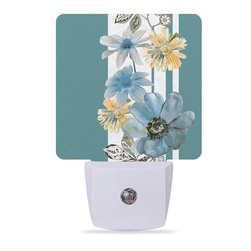 Image of Vintage Flowers Night Light,Blue White Stripes Night Lights Plug into Wall Dusk to Dawn Sensor Led Lamp for Women Men,Led Lights for Stairway /Hallway /Bedroom,0.5W