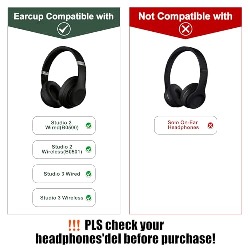 Almohadillas de reemplazo para auriculares Beats Studio 3 y Studio 2, color negro | Almohadillas aislantes de ruido con espuma viscoelástica, material suave de cuero proteínico. Incluye herramienta de extracción miniatura 3