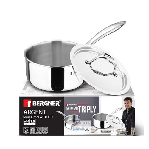 Image of Bergner Argent Triply 14cm Saucepan with Stainless Steel Lid, 1 Liter Sauce Pan, Stay Cool Cast Handle, Food Safe, Consumes Less Oil, Healthy Cooking, Durable - Induction and Gas Stove Ready