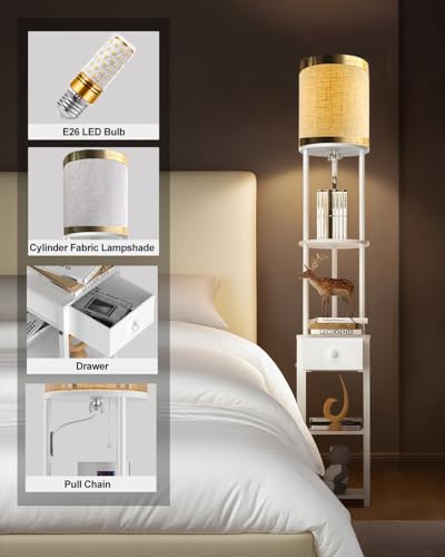 Image of Lightdot 65IN Floor Lamps with Storage Table&Drawer, Corner Shelf Lamps with White End Table and Fabric Shade, Modern Standing Tall Lamp for Living Room /Bedroom /Sofa Beside /Corner Decor(Bulb Included)