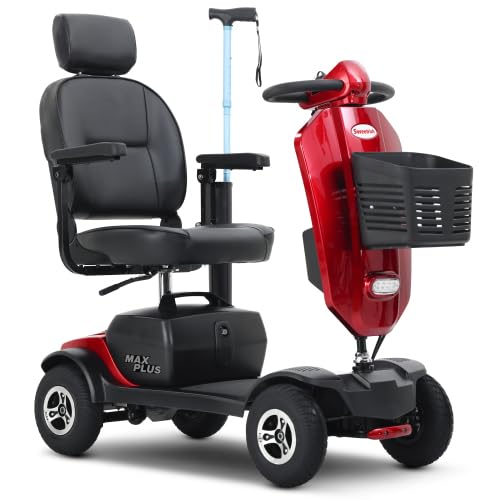 Scooter de movilidad MAX PLUS rojo para mayores, motor 300 W, autonomía 25 km, carga 136 kg, asiento 360°, LED, neumáticos 9 pulgadas