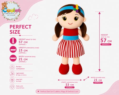Image of Soft Plush Doll for Kids | Cute Rag Doll with Braided Hair & Cap | Washable Stuffed Toy for Girls & Boys | Birthday Gift for Kids (Multicolor) (red)