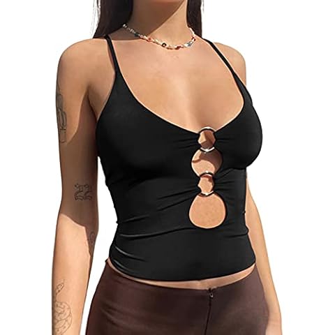 Yassiglia Womens Sexy Long Sleeve/Sleeveless Low-Cut Hollow Out Pullover, Y2K Solid Color Crop Tops Blouse for Spring Autumn, Sexy Tank Top (A-Black, M) Cover