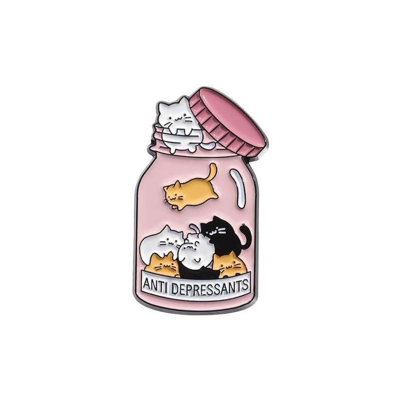 Image of Pink Anti Depressants Bottle Shape Enamel Pin Black White Orange Cat Metal Badge Brooch For Backpacks Accessories