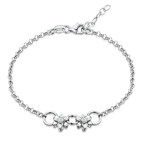 Amberta® 925 Fina Plata de Ley - Brazalete de Cadena - 2,4 mm Pulsera de Rolo - Colgante de la Flor - 18 a 20 cm - Ajuste Flexible