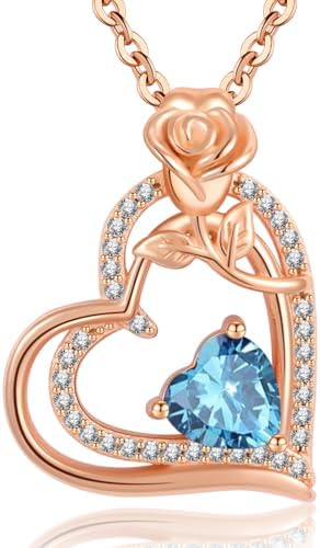 Collier Femme Argent 925 Collier or Rose Coeur Fleur Pierre de Naissance Pendentif Bijoux Femme Idee Cadeau Anniversaire Fete des Meres Noel Saint Valentin Cadeau Maman Fille Amie
