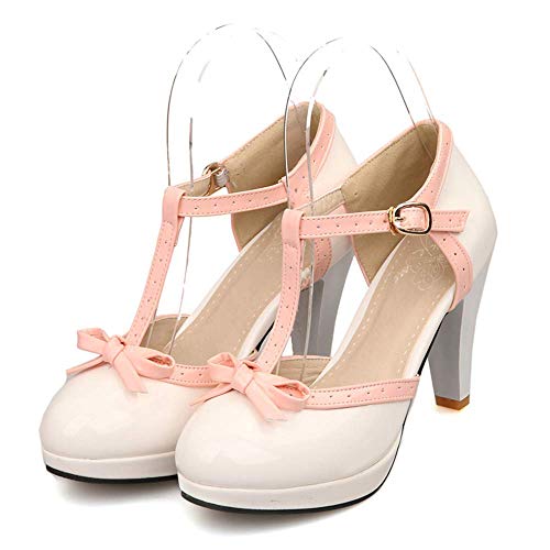 JITUUE Women's Chic Sweet Round Toe T-Strap Bows Adorable Buckle Lolita Cone Mary Janes Dress High Heel Pumps Shoes2