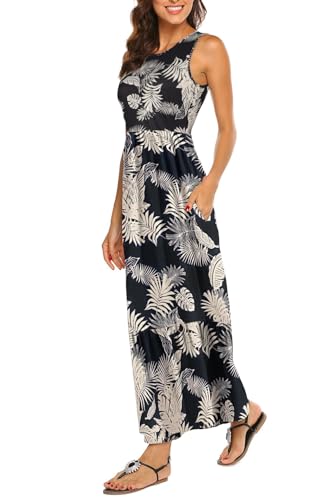 BDTECAOR Damen Plissee Lässig Blumen Maxikleider mit Taschen Elegant Abendkleider