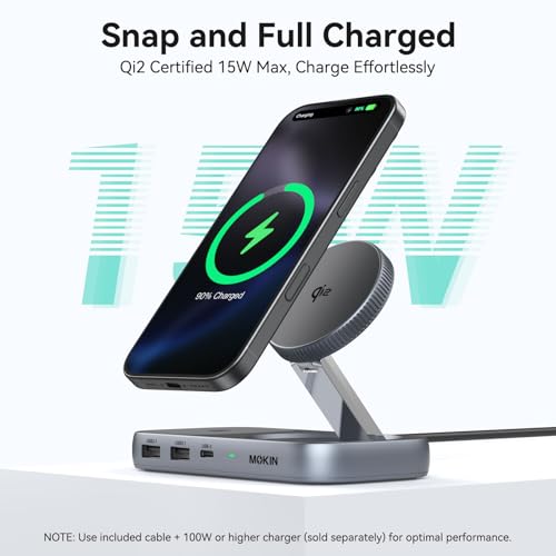 Image of MOKiN USB C Hub with 15W Qi2 Wireless Charger, Laptop Docking Station to 4K HDMI, 100W PD, 10Gbps Ports, 15W+5W Wireless Charging Stand for iPhone 16 /15 /14 /13 & Airpods, USBC Dock for MacBook /Windows