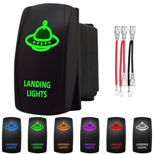 Laser Etched - Landing Lights Rocker Switch 5 Pin ON/Off 12V 20A/ 24V 10A DC, Marine Grade Heavy Duty LED Toggle Switch, Alien Lights Rocker Switch Waterproof for Boat Car RV UTV Aircraft (Green)