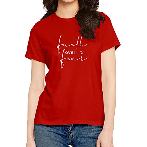 Image of Women's Regular Fit Faith Over Fear Cotton Printed Round Neck Half Sleeves Multicolour T Shirt. Pooplu, Trending, Text, Quotes Tshirts