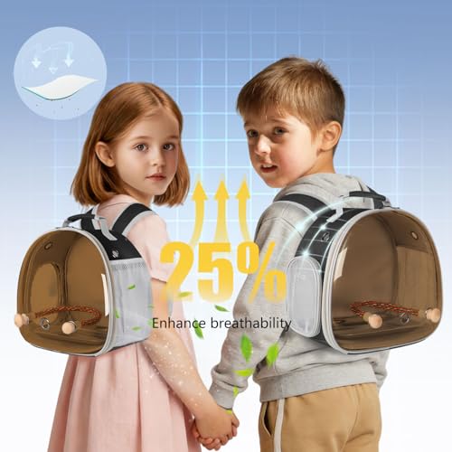 Image of Bird Travel Backpack Carrier with Metal Tray and Standing Perch, Polarized Tint Brown Space Capsule Astronaut Bubble Hard Window