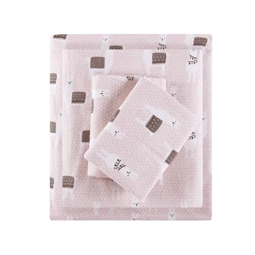 Image of Intelligent Design Cozy Soft 100% Cotton Flannel Print Animals Stars Cute Warm, Ultra Soft Cold Weather Sheet Set Bedding, Queen, Pink Llamas 4 Piece